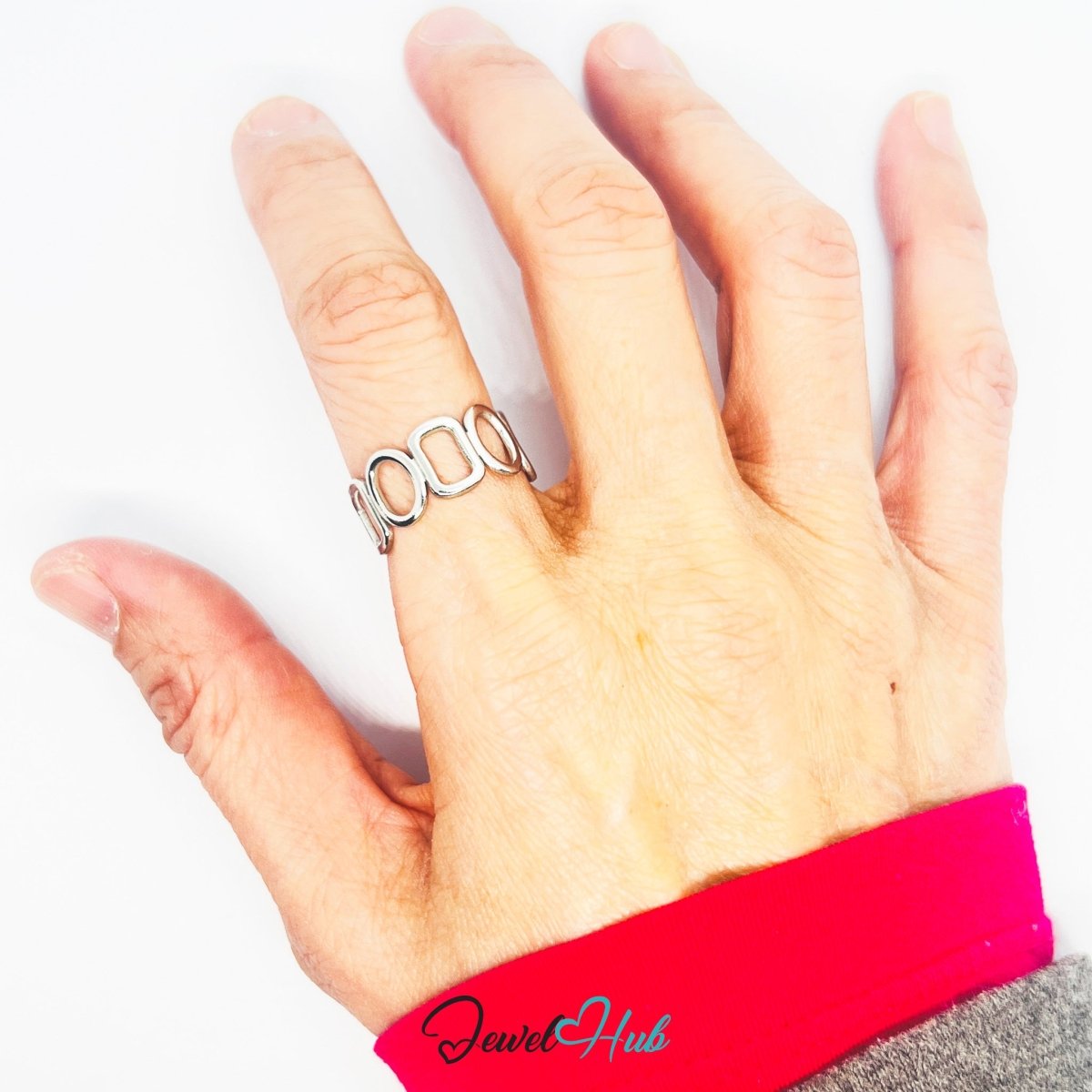 Stainless Steel Silver Geometric Link Ring – Sculptural Chain Design - JewelHub.co.uk