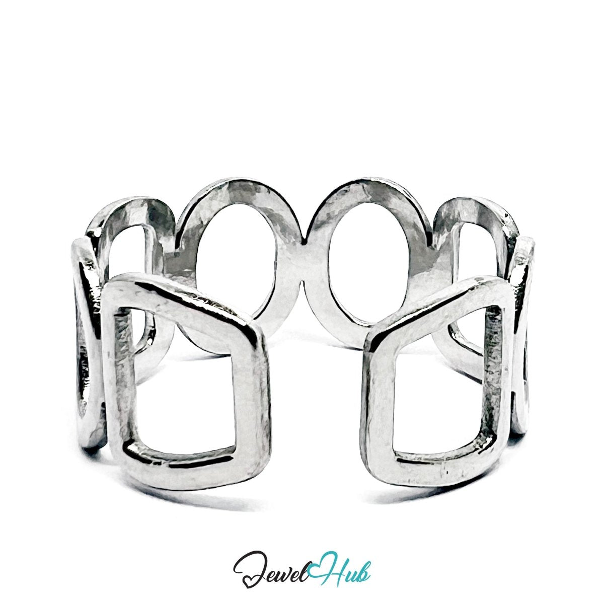 Stainless Steel Silver Geometric Link Ring – Sculptural Chain Design - JewelHub.co.uk