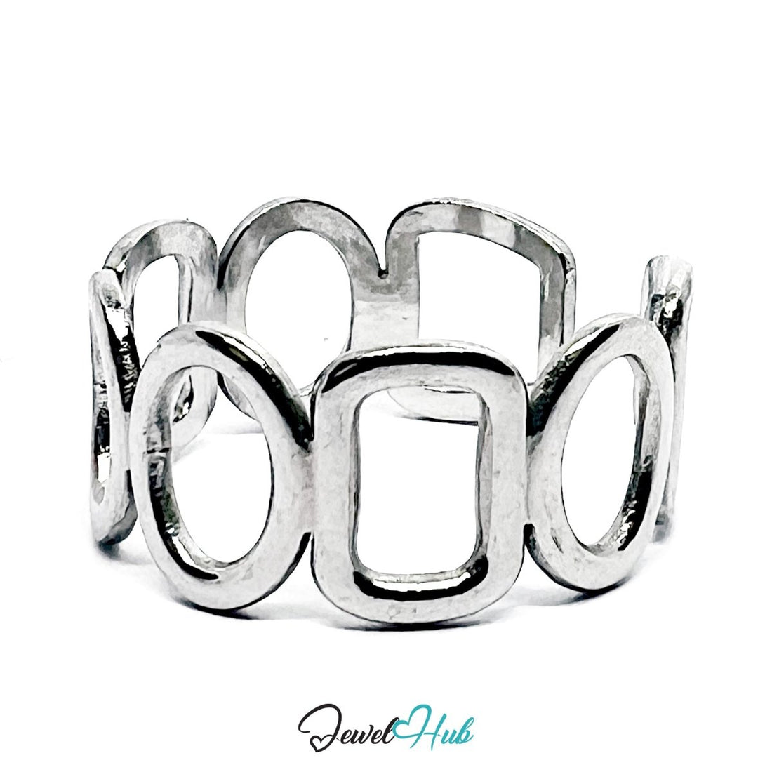 Stainless Steel Silver Geometric Link Ring – Sculptural Chain Design - JewelHub.co.uk