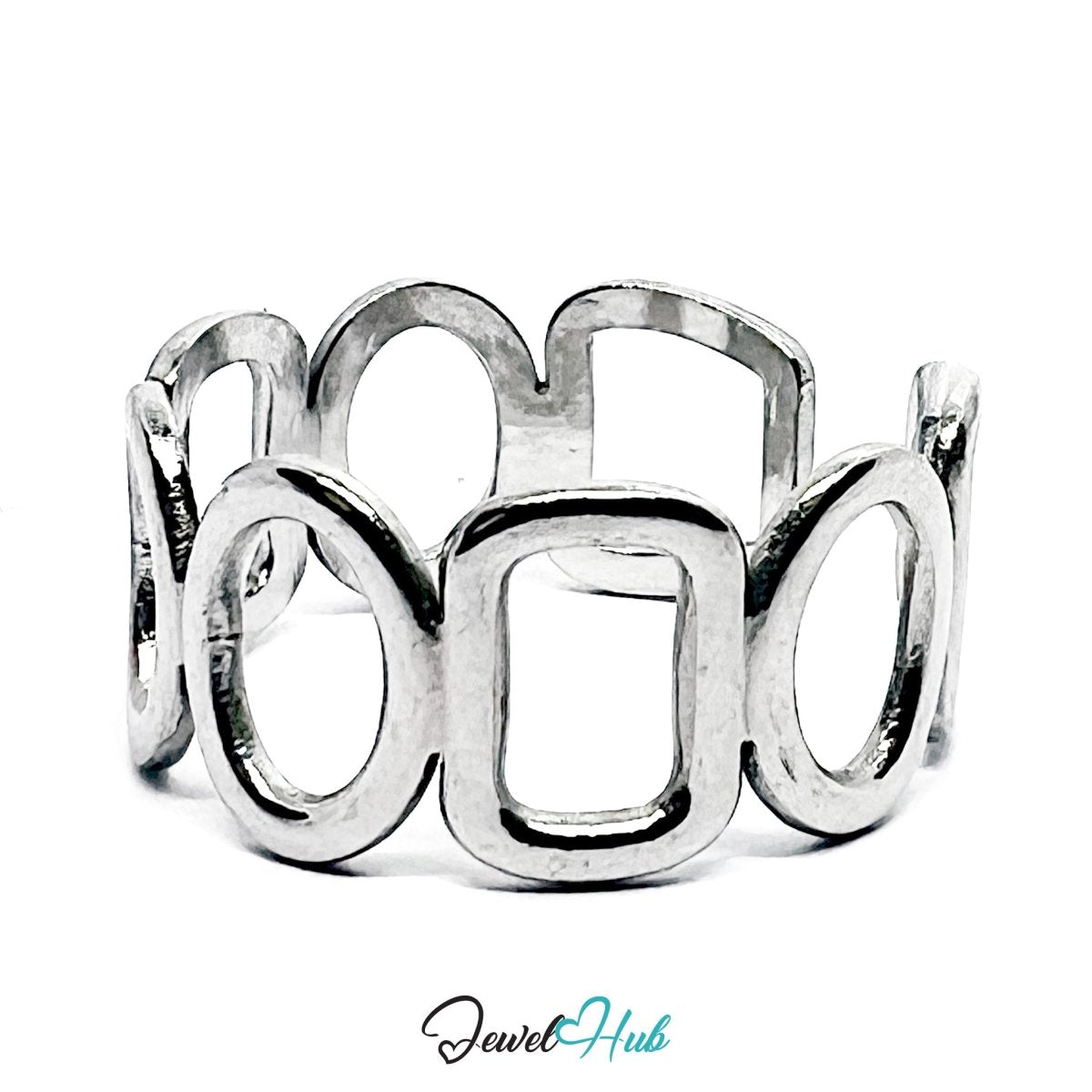 Stainless Steel Silver Geometric Link Ring – Sculptural Chain Design - JewelHub.co.uk