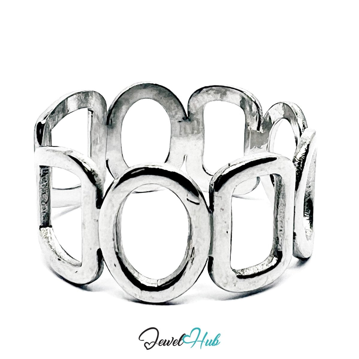 Stainless Steel Silver Geometric Link Ring – Sculptural Chain Design - JewelHub.co.uk