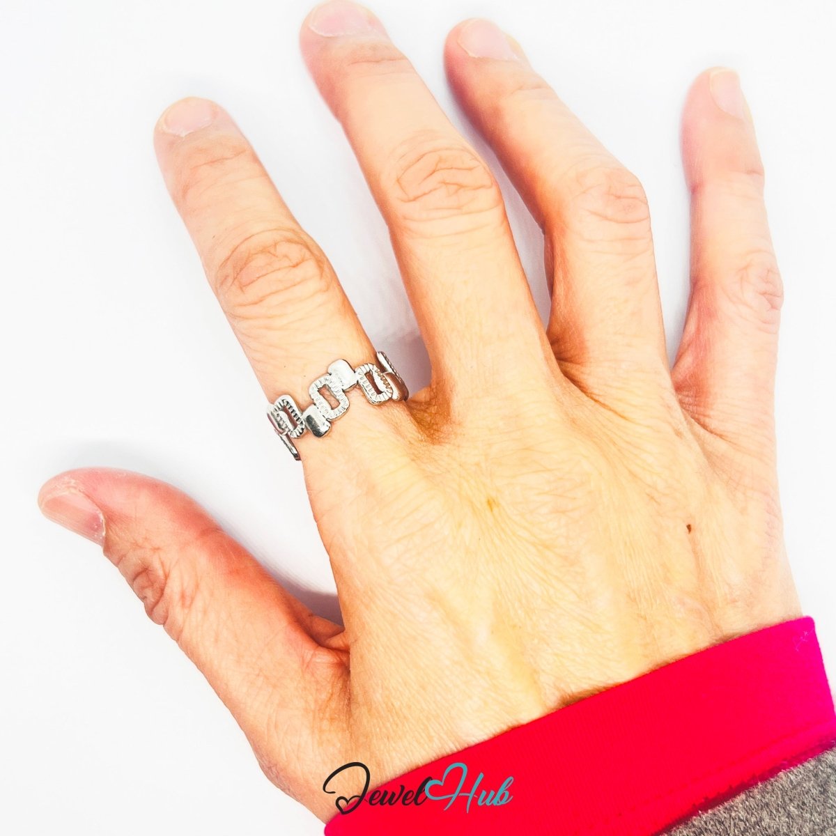 Stainless Steel Silver Geometric Link Ring – Sculptural Modern Band - JewelHub.co.uk