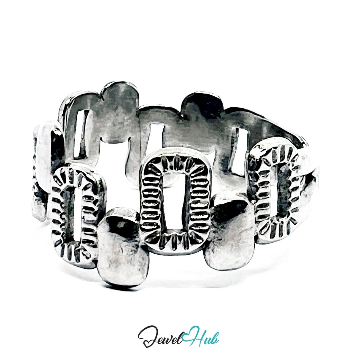 Stainless Steel Silver Geometric Link Ring – Sculptural Modern Band - JewelHub.co.uk