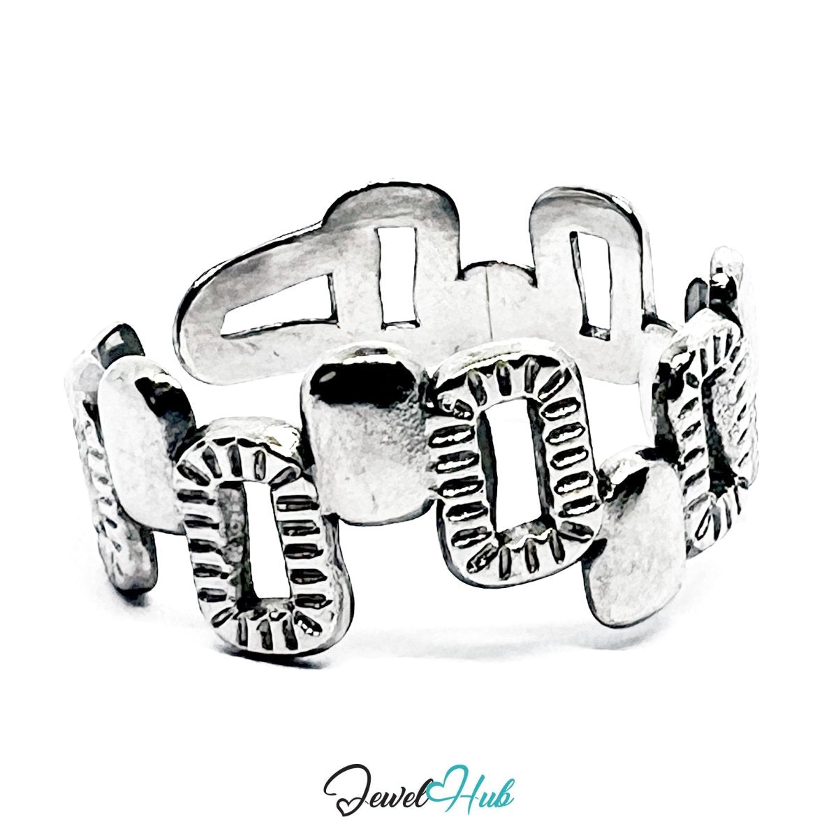 Stainless Steel Silver Geometric Link Ring – Sculptural Modern Band - JewelHub.co.uk