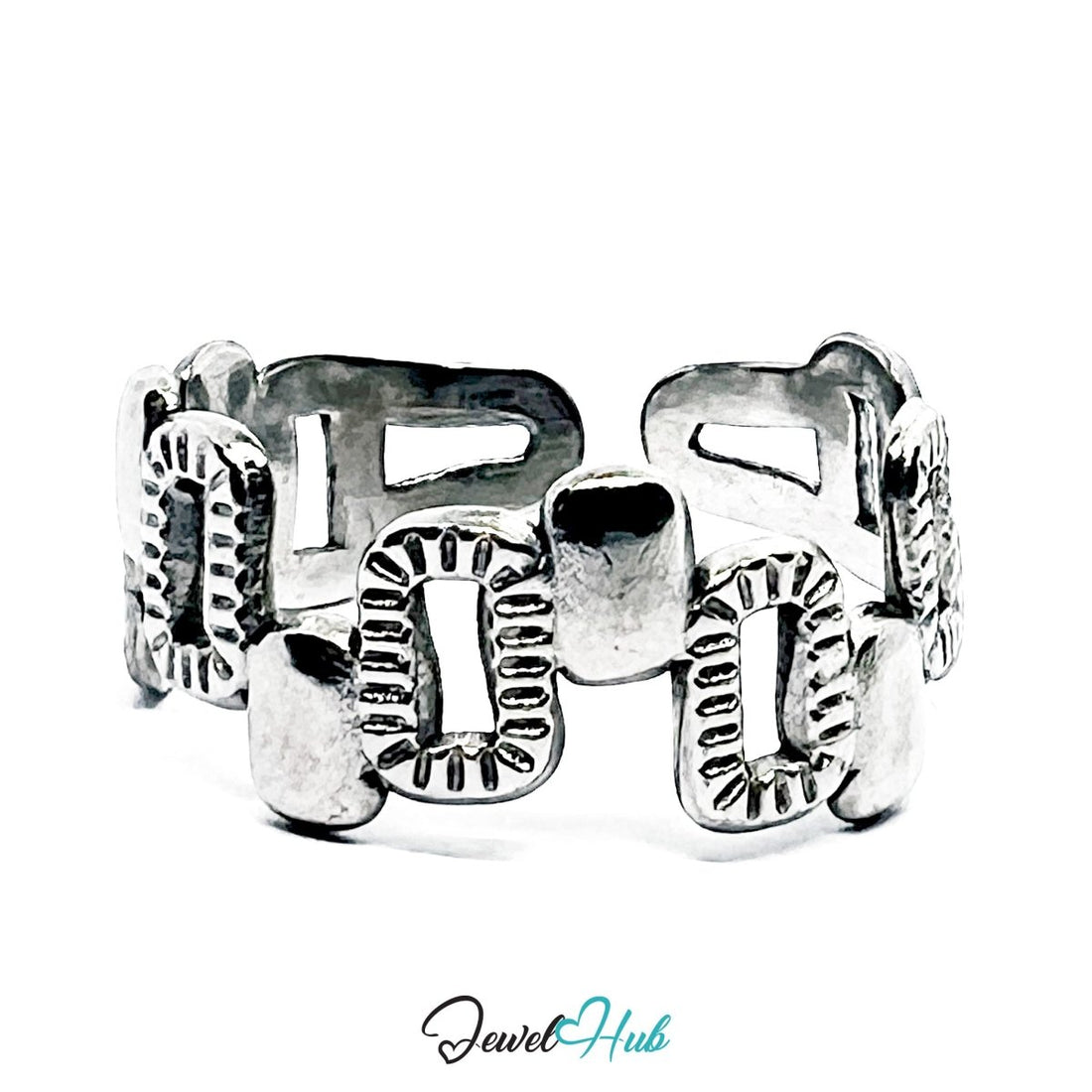 Stainless Steel Silver Geometric Link Ring – Sculptural Modern Band - JewelHub.co.uk