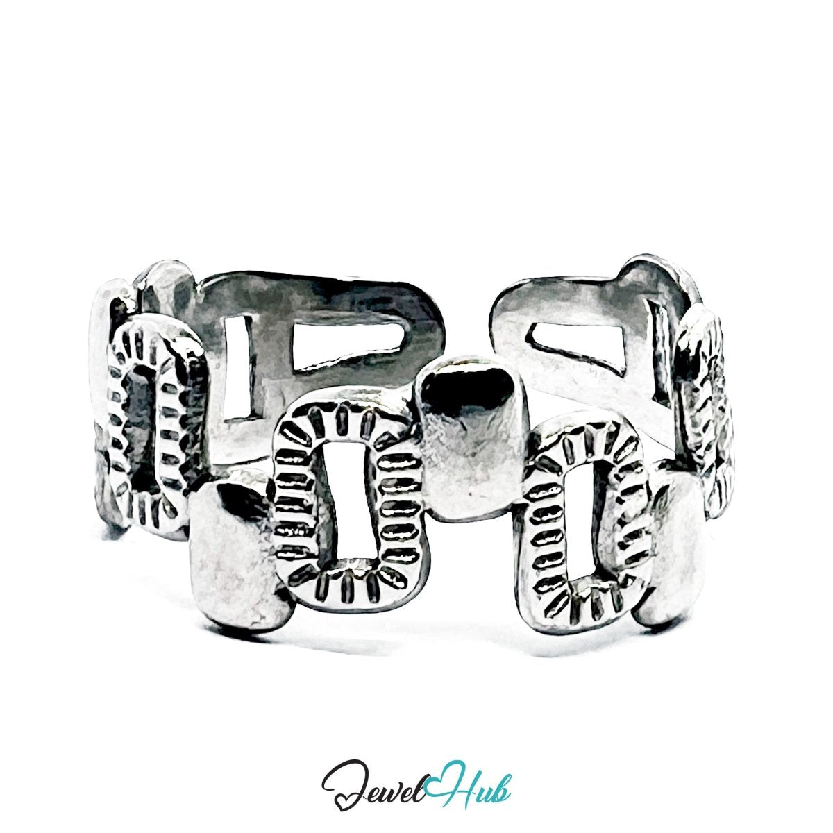 Stainless Steel Silver Geometric Link Ring – Sculptural Modern Band - JewelHub.co.uk