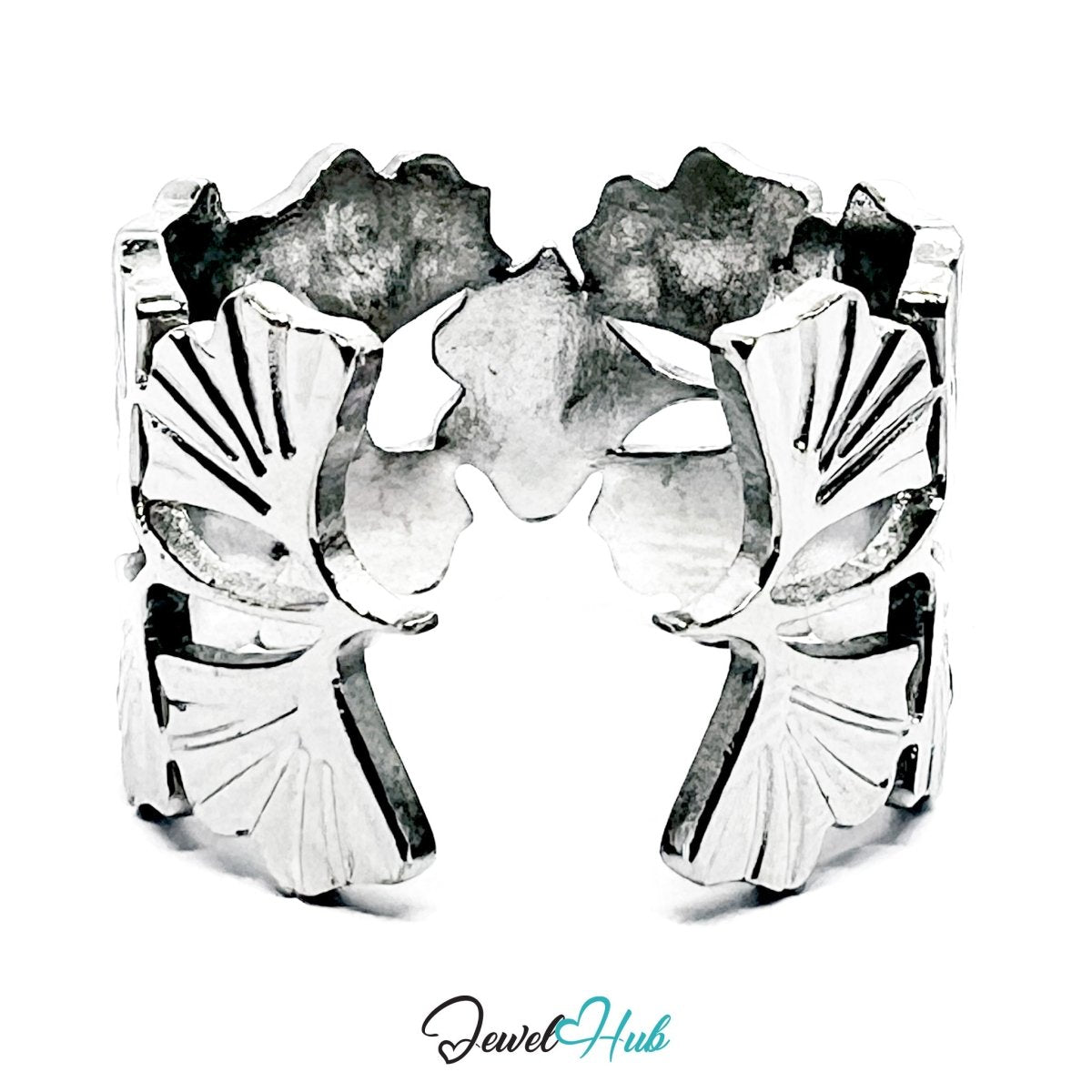 Stainless Steel Silver Ginkgo Leaf Ring – Sculptural Botanical Band - JewelHub.co.uk