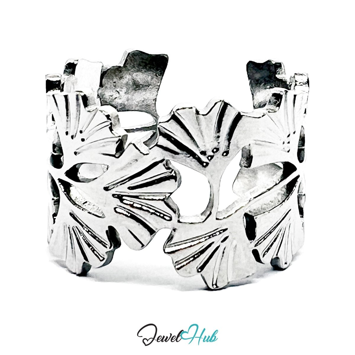 Stainless Steel Silver Ginkgo Leaf Ring – Sculptural Botanical Band - JewelHub.co.uk