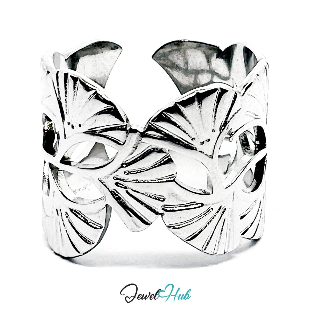 Stainless Steel Silver Ginkgo Leaf Ring – Sculptural Openwork Band - JewelHub.co.uk