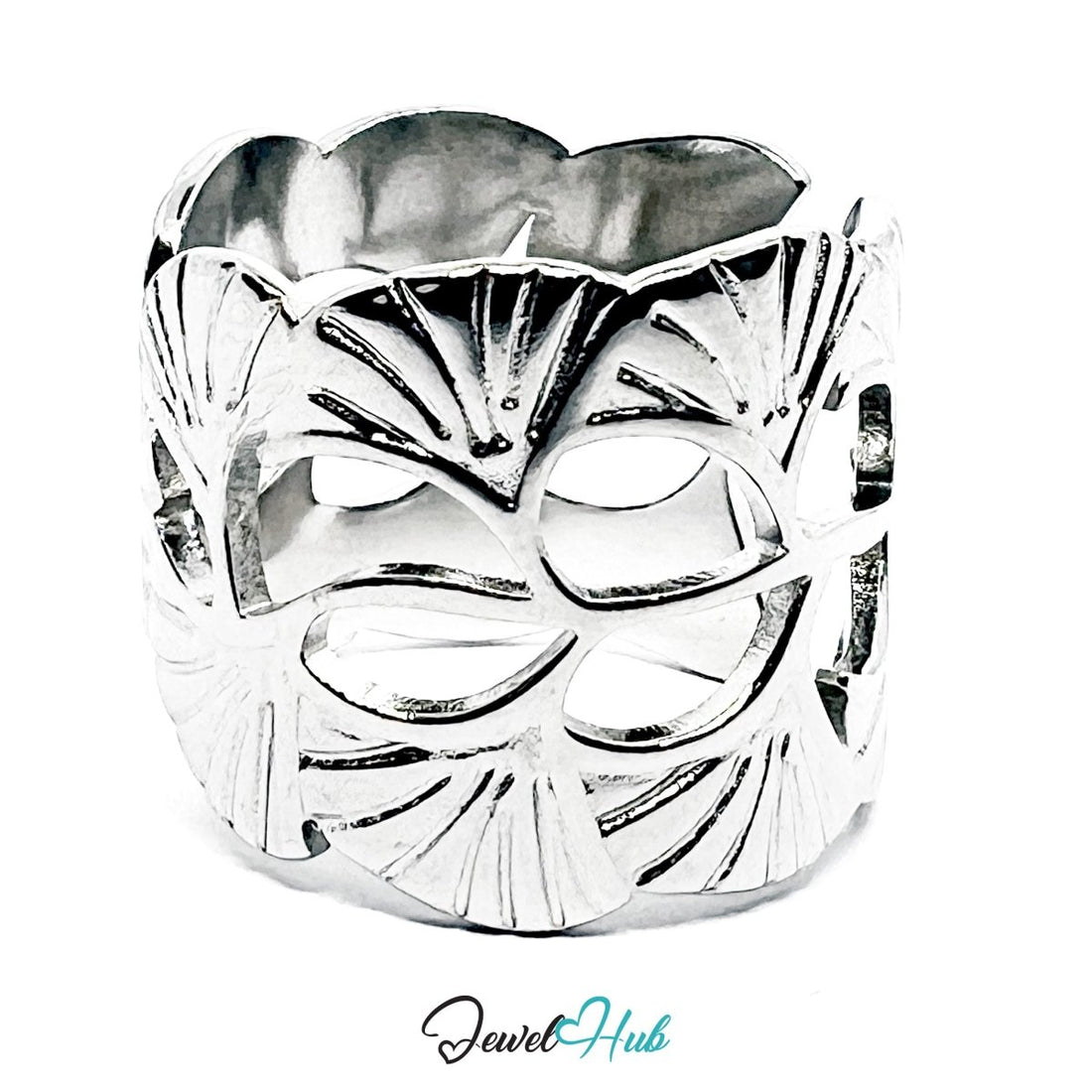 Stainless Steel Silver Ginkgo Leaf Ring – Sculptural Openwork Band - JewelHub.co.uk