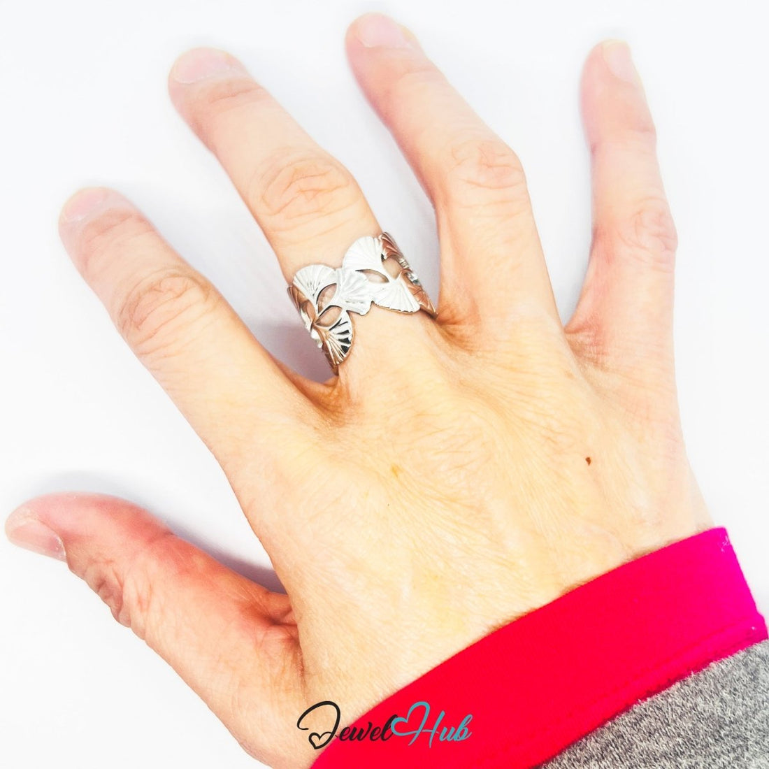 Stainless Steel Silver Ginkgo Leaf Ring – Sculptural Openwork Band - JewelHub.co.uk