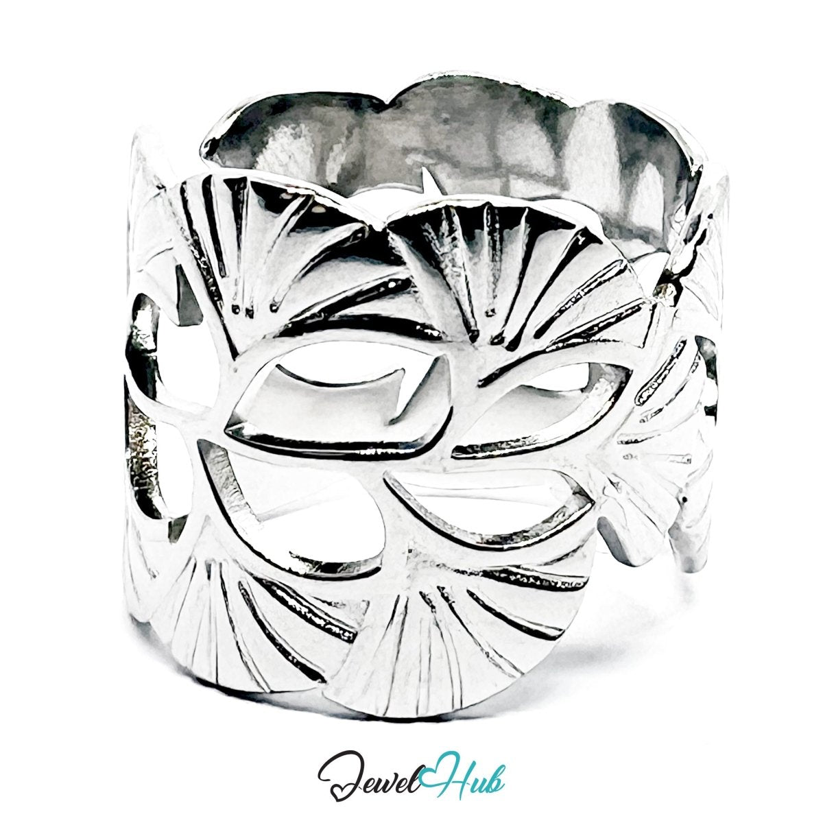 Stainless Steel Silver Ginkgo Leaf Ring – Sculptural Openwork Band - JewelHub.co.uk