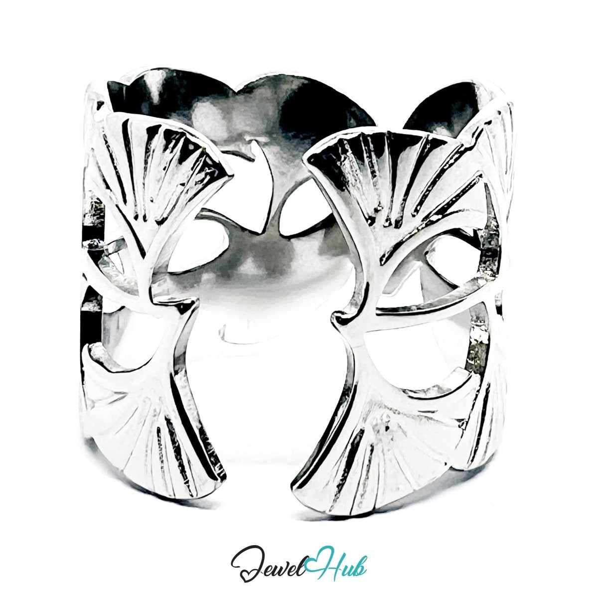 Stainless Steel Silver Ginkgo Leaf Ring – Sculptural Openwork Band - JewelHub.co.uk