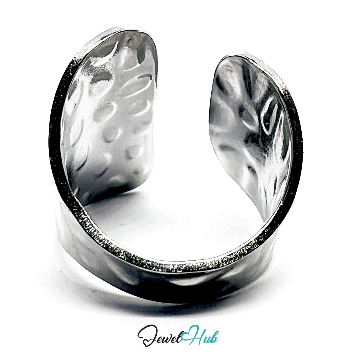 Stainless Steel Silver Hammered Oval Ring – Sculptural Organic Texture - JewelHub.co.uk
