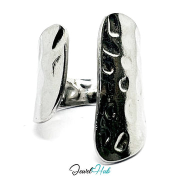 Stainless Steel Silver Hammered Oval Ring – Sculptural Organic Texture - JewelHub.co.uk