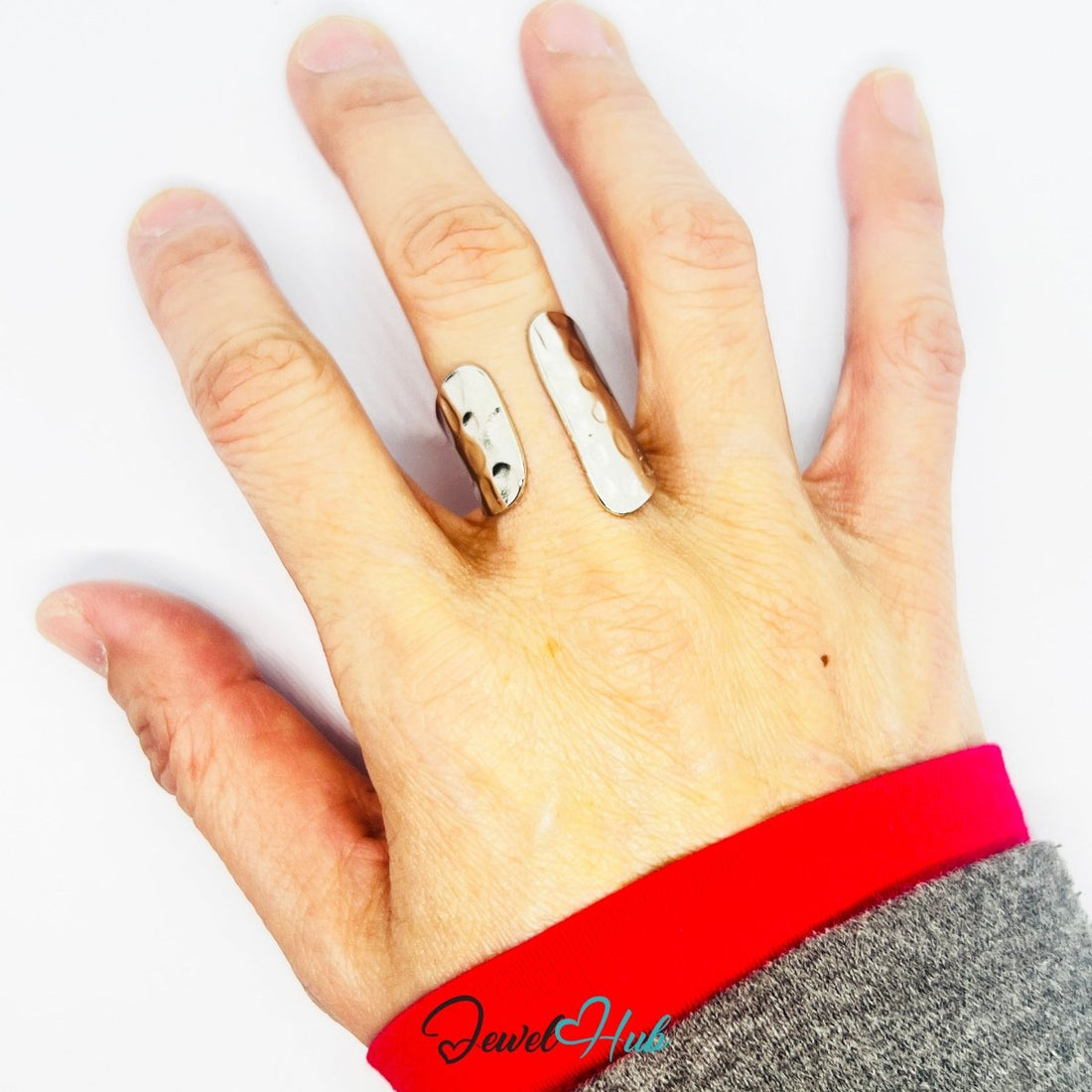 Stainless Steel Silver Hammered Oval Ring – Sculptural Organic Texture - JewelHub.co.uk