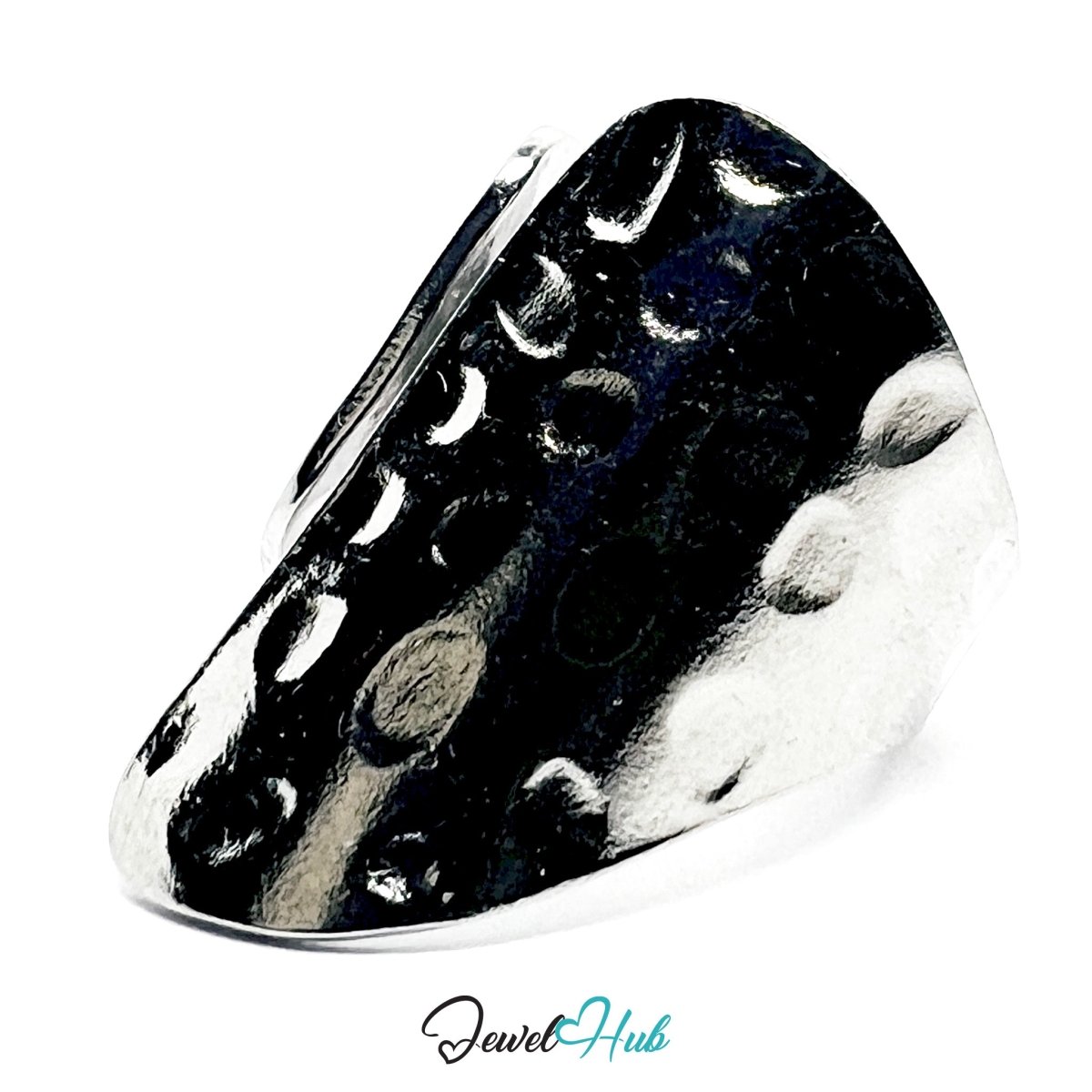 Stainless Steel Silver Hammered Oval Ring – Sculptural Organic Texture - JewelHub.co.uk