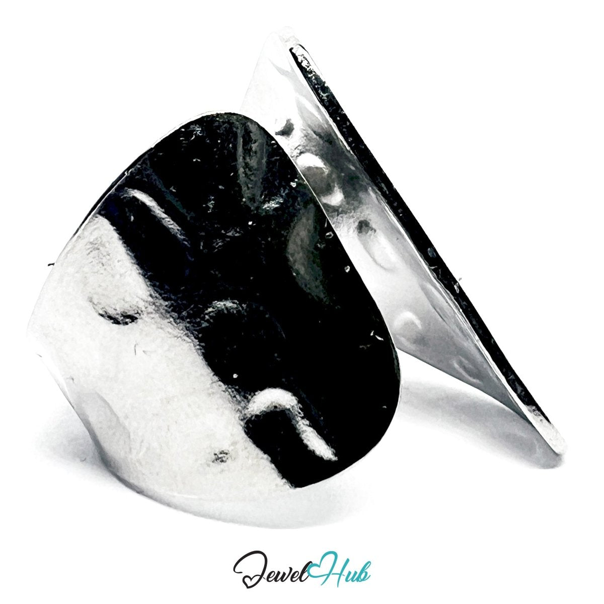 Stainless Steel Silver Hammered Oval Ring – Sculptural Organic Texture - JewelHub.co.uk