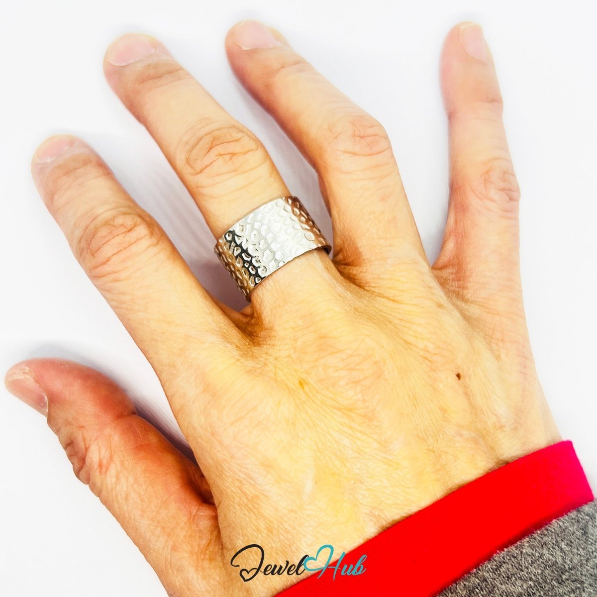 Stainless Steel Silver Hammered Texture Ring – Wide Sculptural Band - JewelHub.co.uk