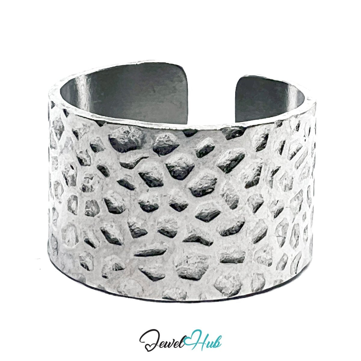 Stainless Steel Silver Hammered Texture Ring – Wide Sculptural Band - JewelHub.co.uk