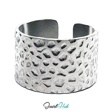Stainless Steel Silver Hammered Texture Ring – Wide Sculptural Band - JewelHub.co.uk