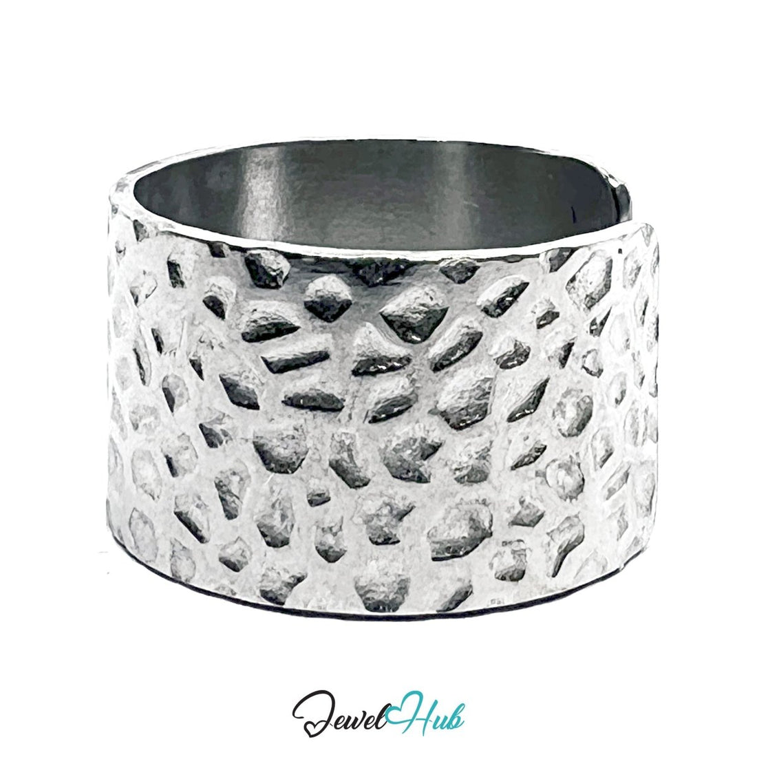 Stainless Steel Silver Hammered Texture Ring – Wide Sculptural Band - JewelHub.co.uk