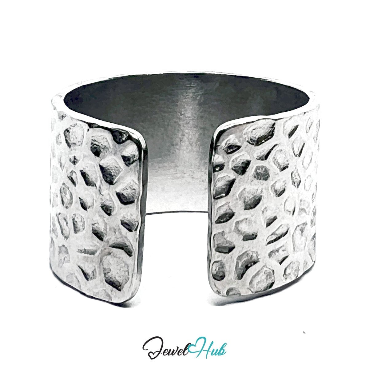 Stainless Steel Silver Hammered Texture Ring – Wide Sculptural Band - JewelHub.co.uk
