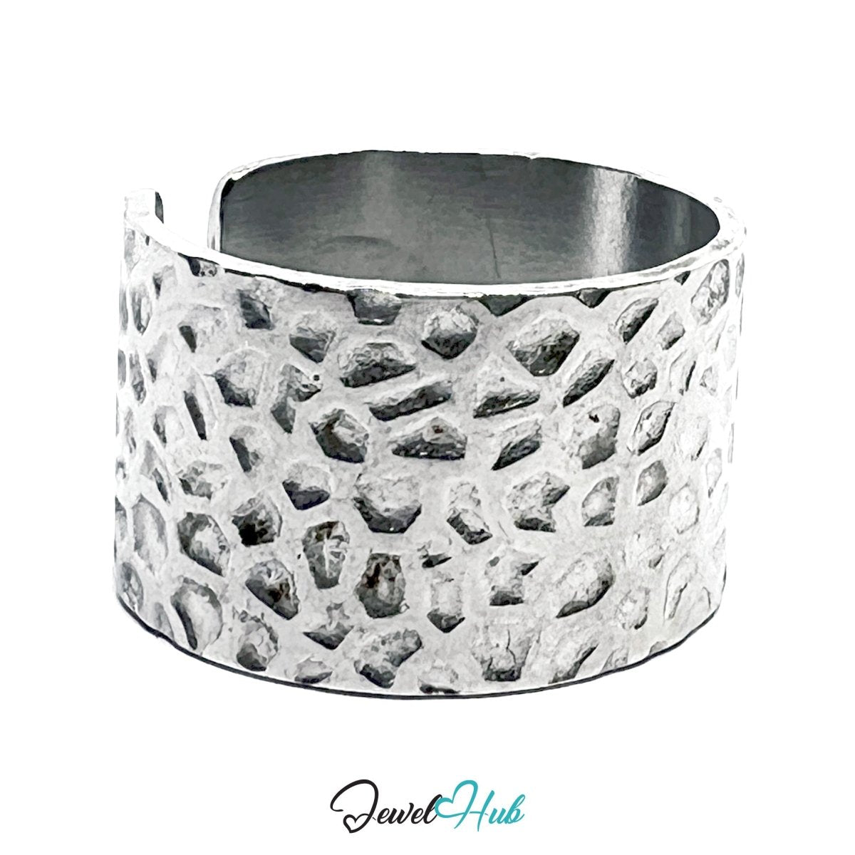 Stainless Steel Silver Hammered Texture Ring – Wide Sculptural Band - JewelHub.co.uk