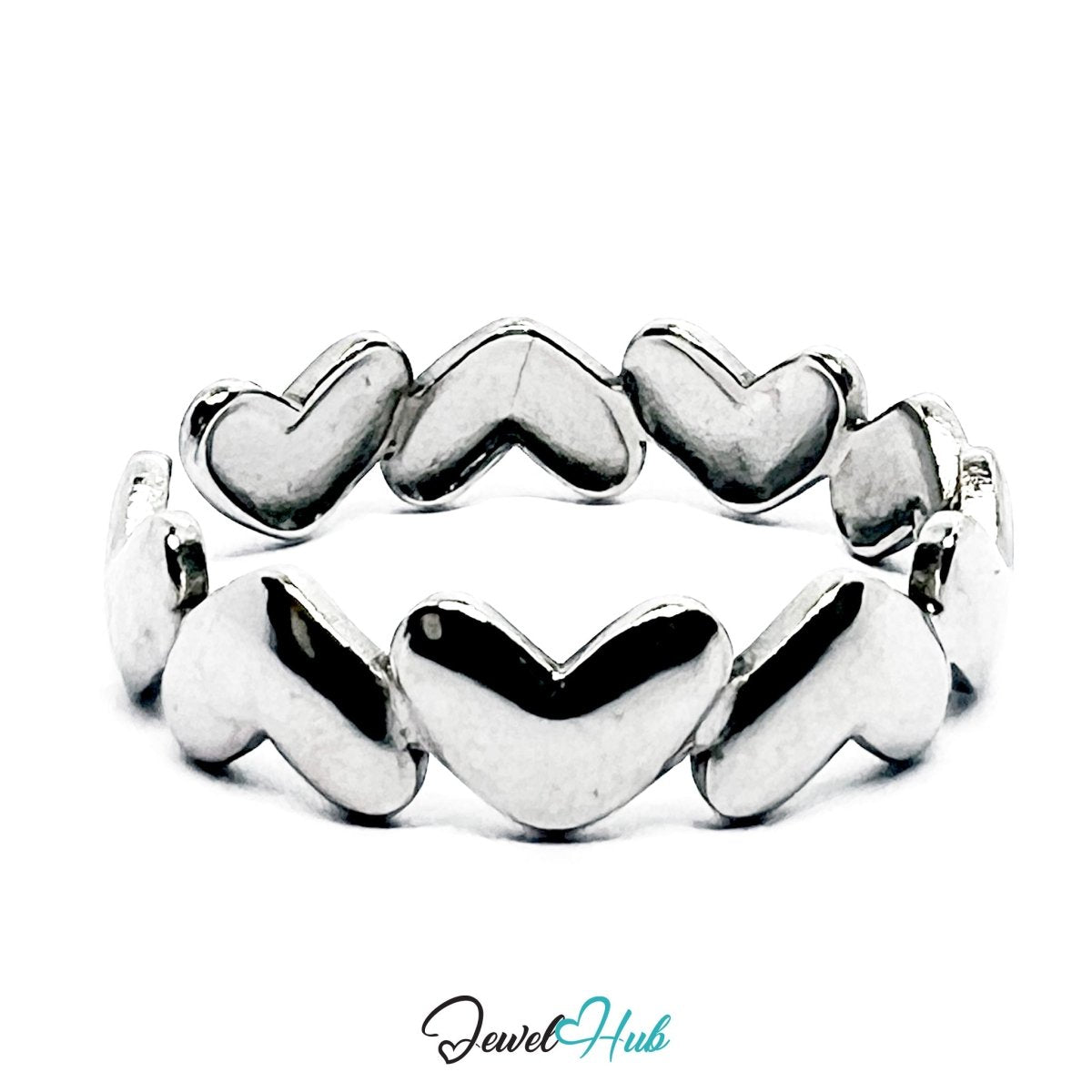 Stainless Steel Silver Heart Link Ring – Sculptural Open Band Style - JewelHub.co.uk