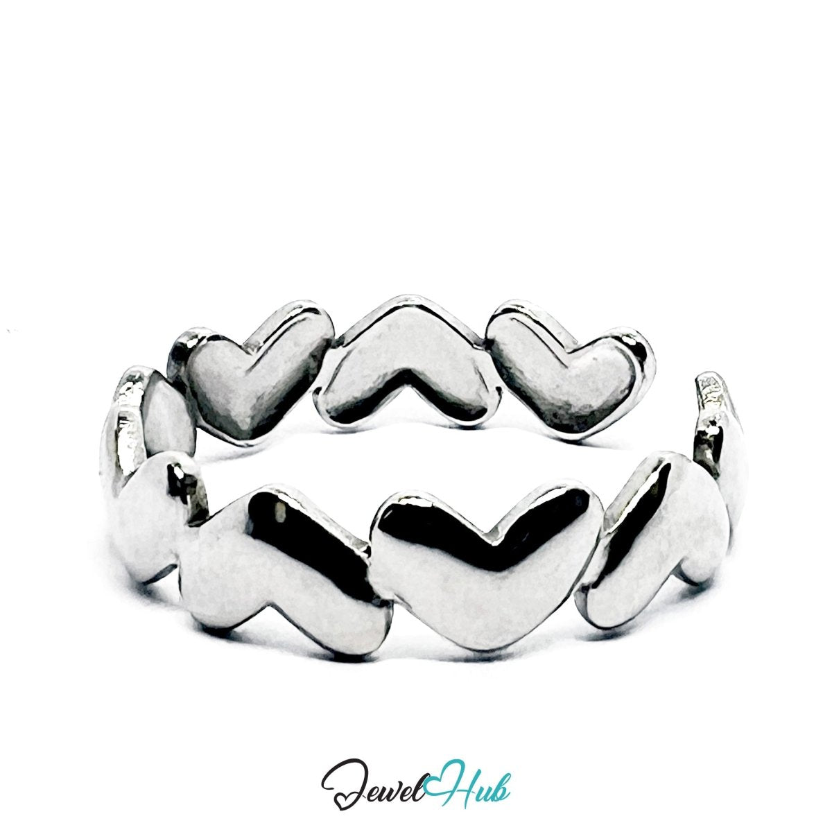 Stainless Steel Silver Heart Link Ring – Sculptural Open Band Style - JewelHub.co.uk