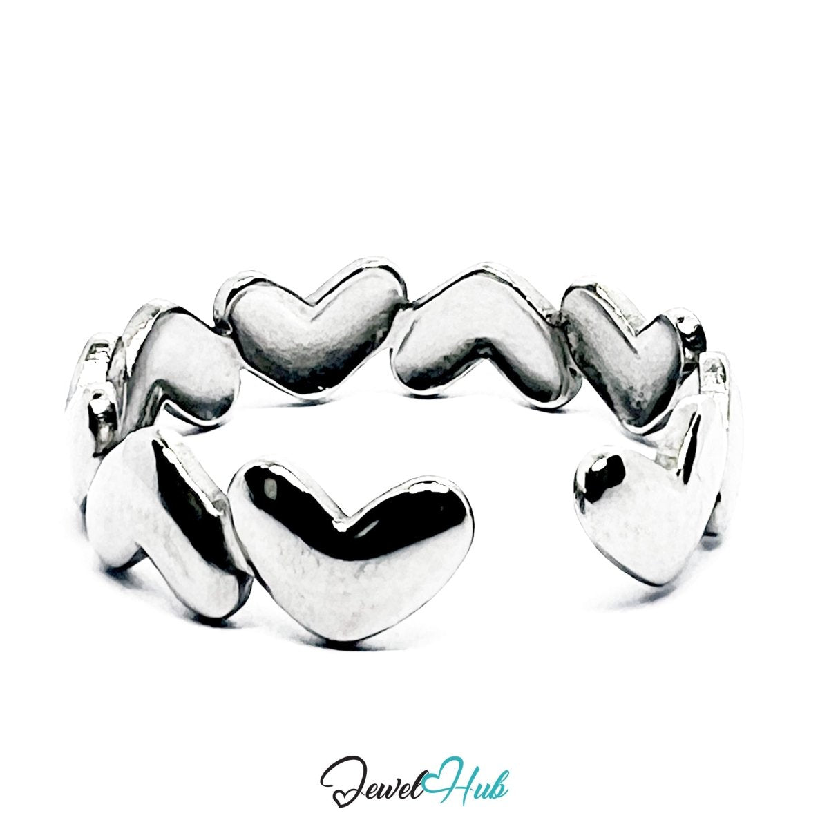 Stainless Steel Silver Heart Link Ring – Sculptural Open Band Style - JewelHub.co.uk