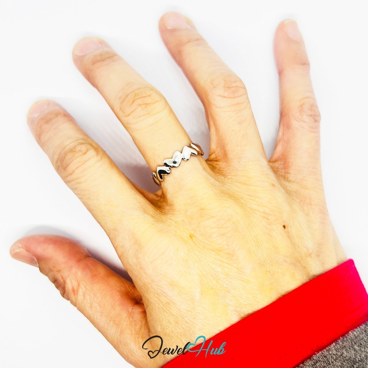 Stainless Steel Silver Heart Link Ring – Sculptural Open Band Style - JewelHub.co.uk