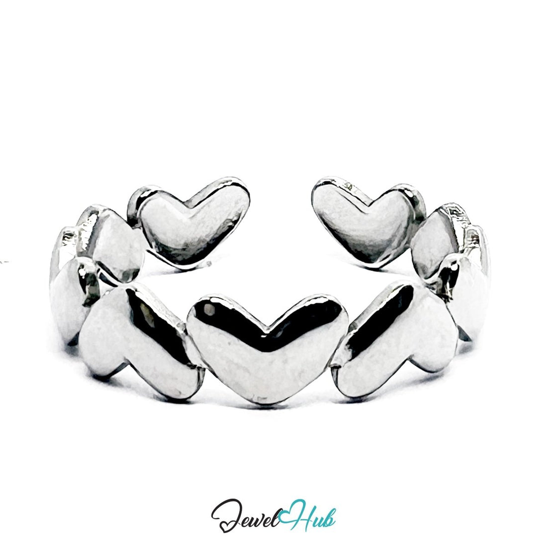 Stainless Steel Silver Heart Link Ring – Sculptural Open Band Style - JewelHub.co.uk