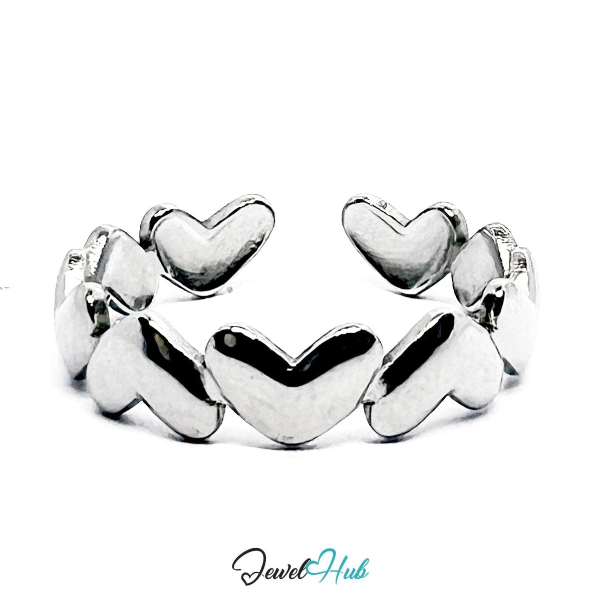 Stainless Steel Silver Heart Link Ring – Sculptural Open Band Style - JewelHub.co.uk
