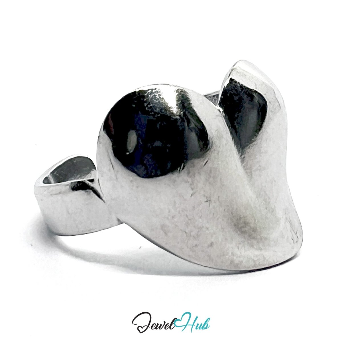 Stainless Steel Silver Heartform Ring – Sculptural Statement Design - JewelHub.co.uk