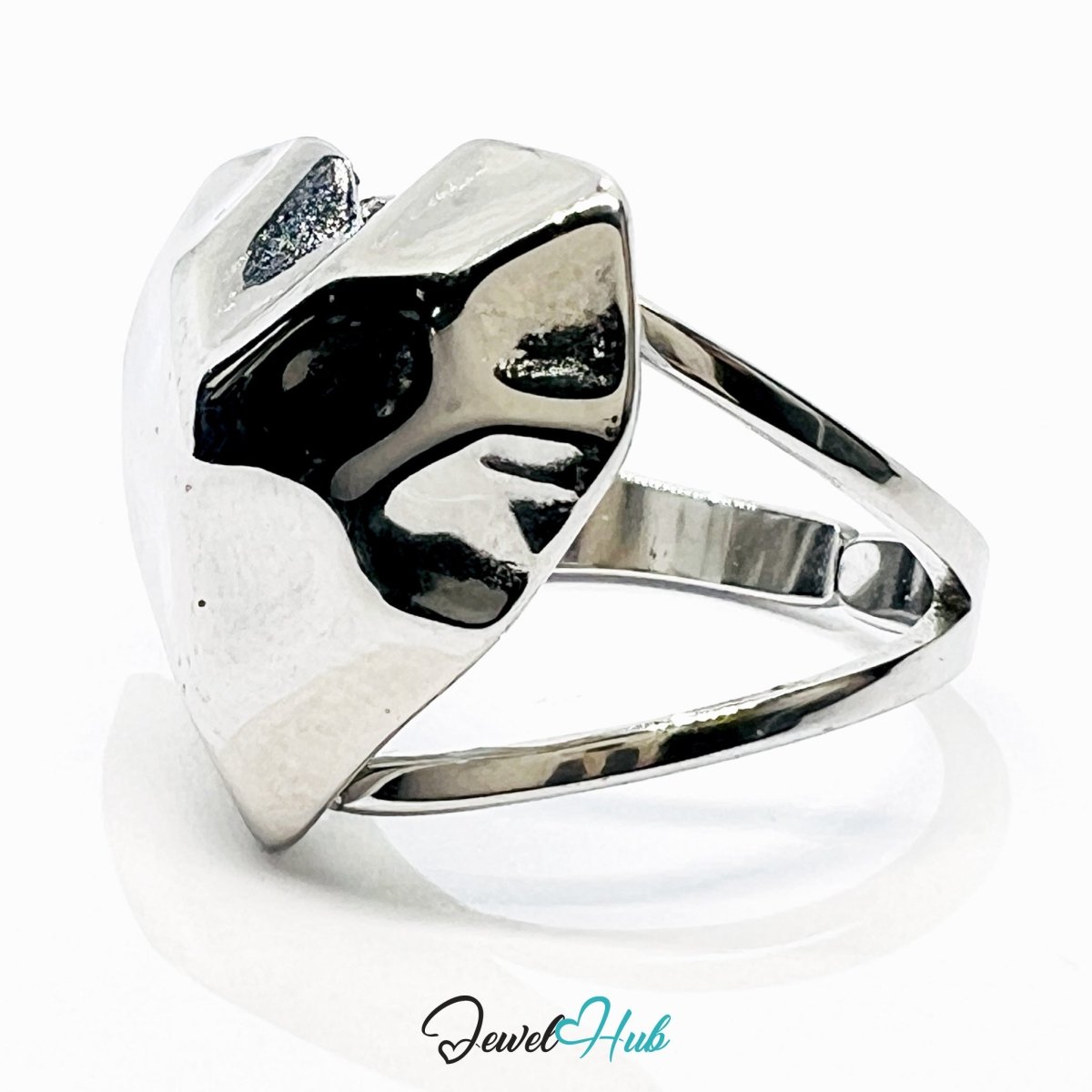 Stainless Steel Silver Hollow 3D Heart Ring – Abstract Modernist Form - JewelHub.co.uk