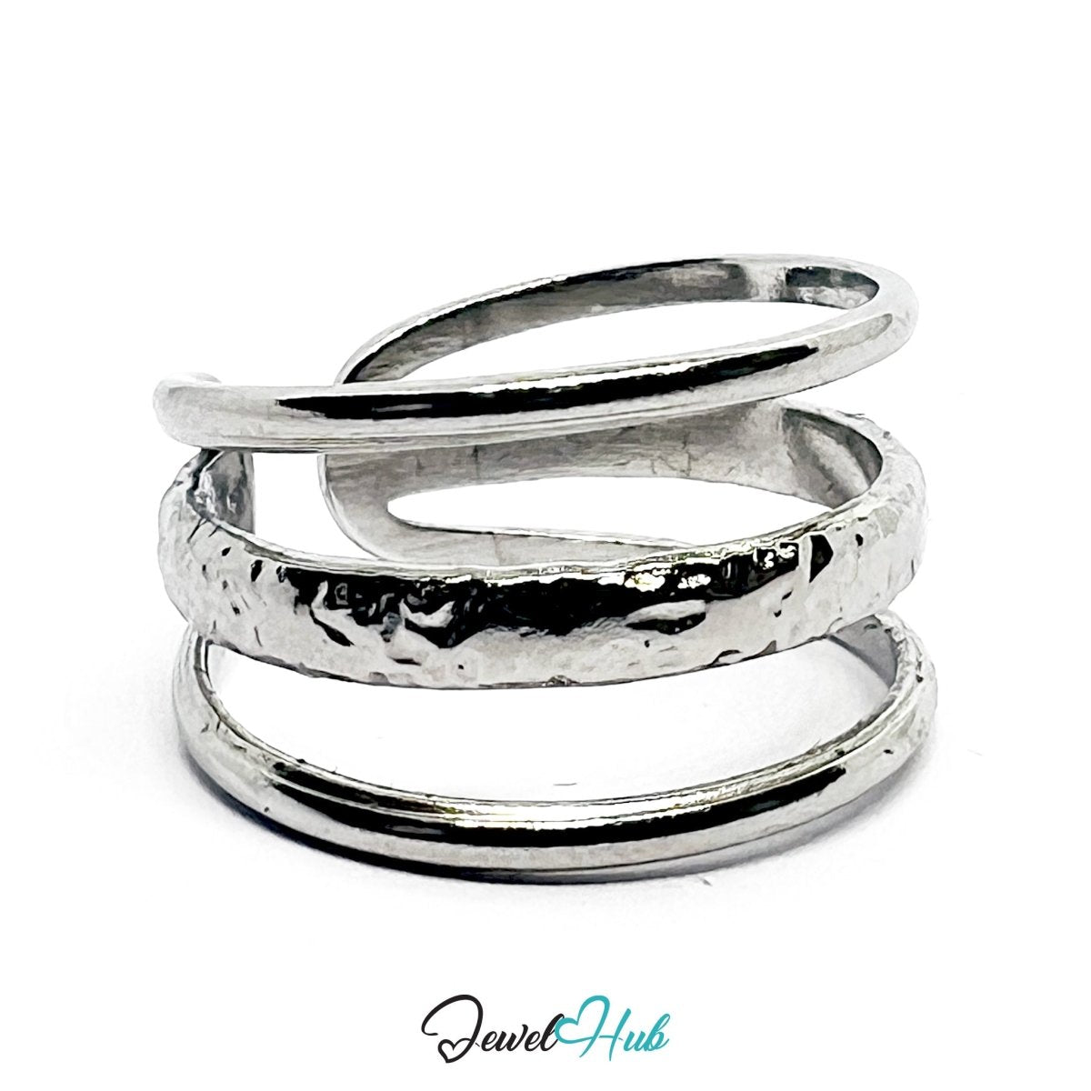 Stainless Steel Silver Hollow Multi‑Band Ring – Sculptural Openwork, Adjustable - JewelHub.co.uk