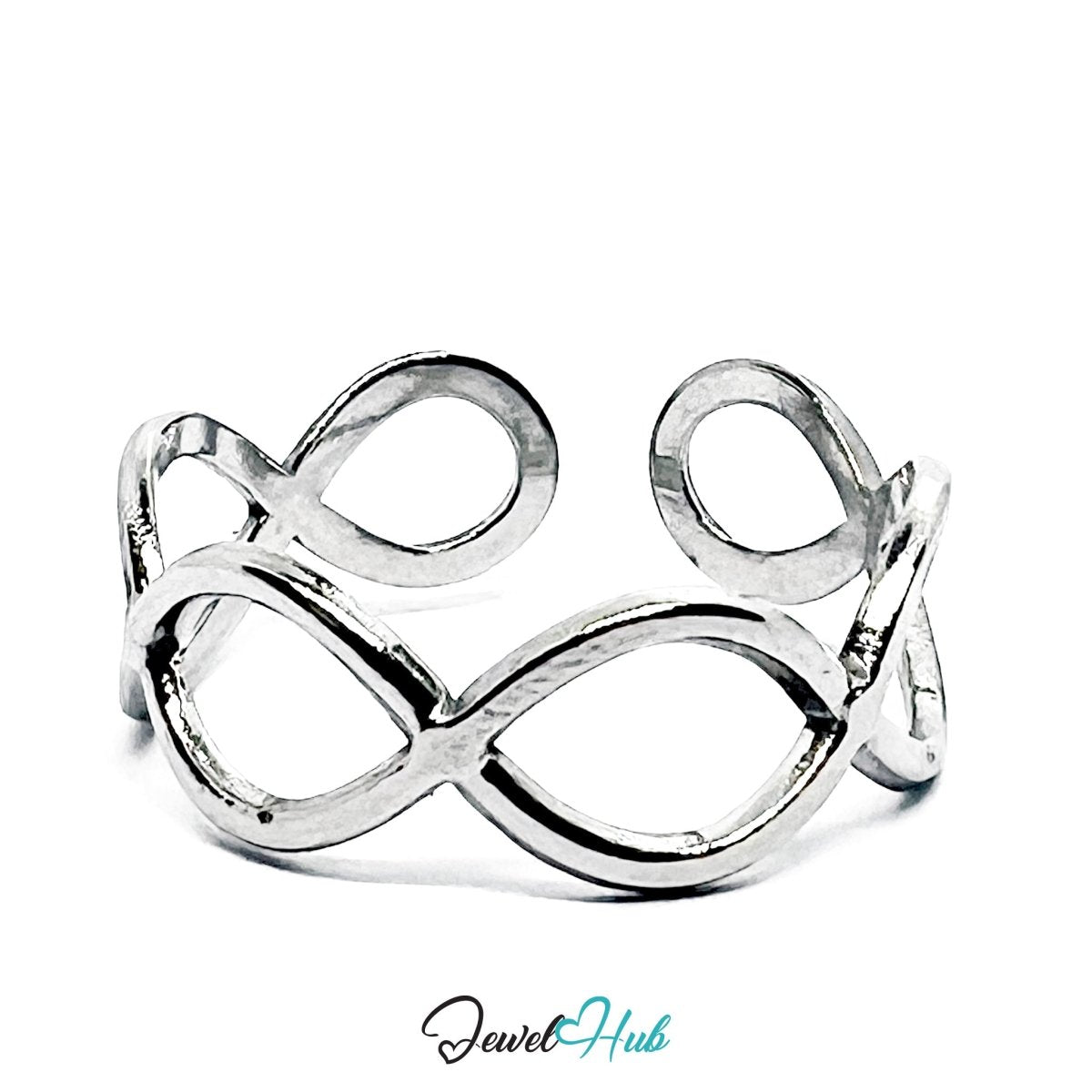 Stainless Steel Silver Infinity Loop Ring – Sculptural Open Band - JewelHub.co.uk