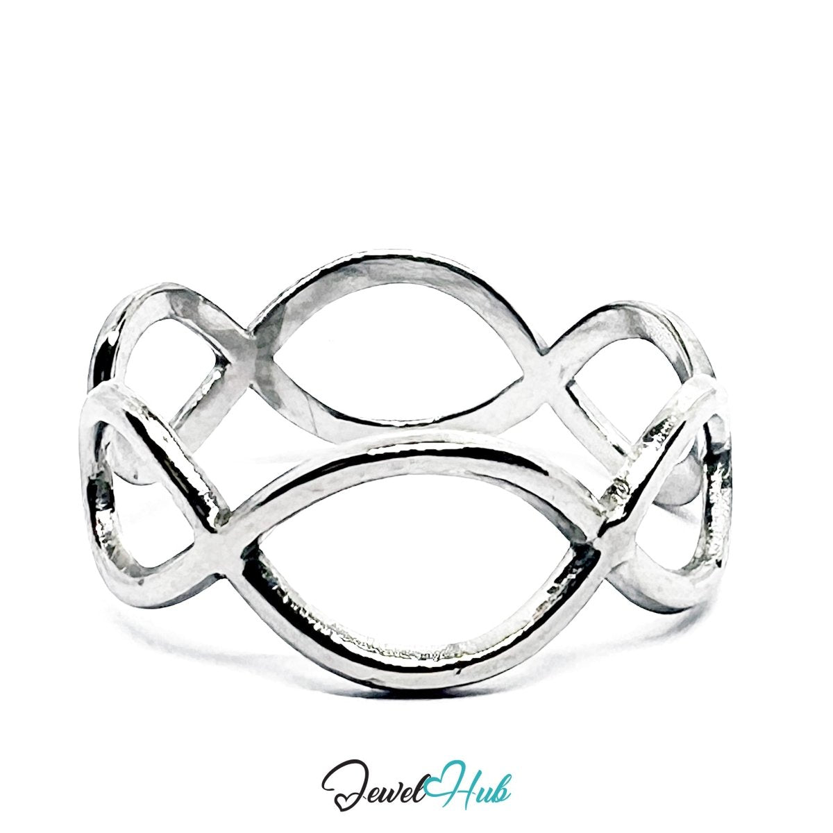Stainless Steel Silver Infinity Loop Ring – Sculptural Open Band - JewelHub.co.uk