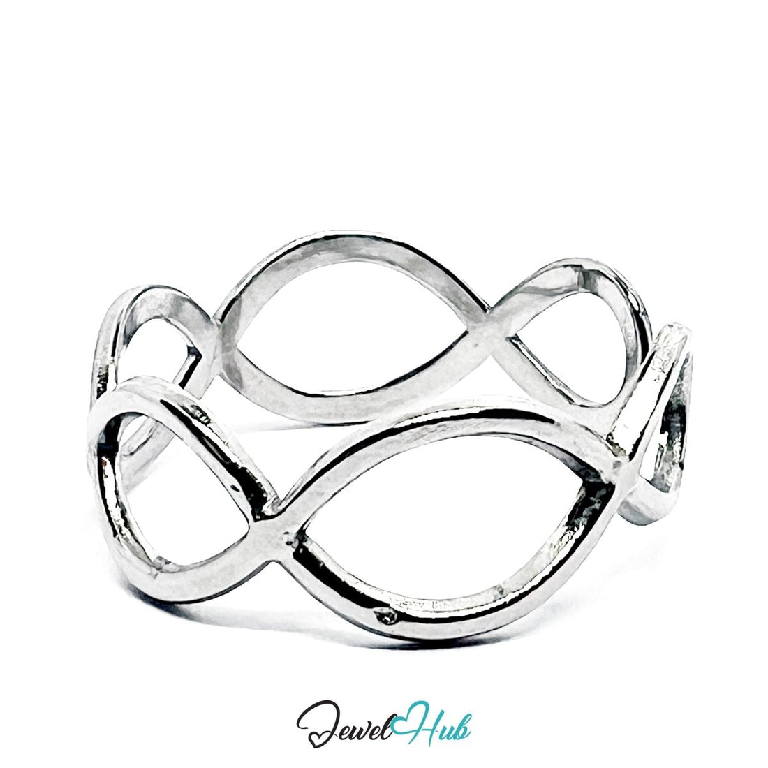 Stainless Steel Silver Infinity Loop Ring – Sculptural Open Band - JewelHub.co.uk