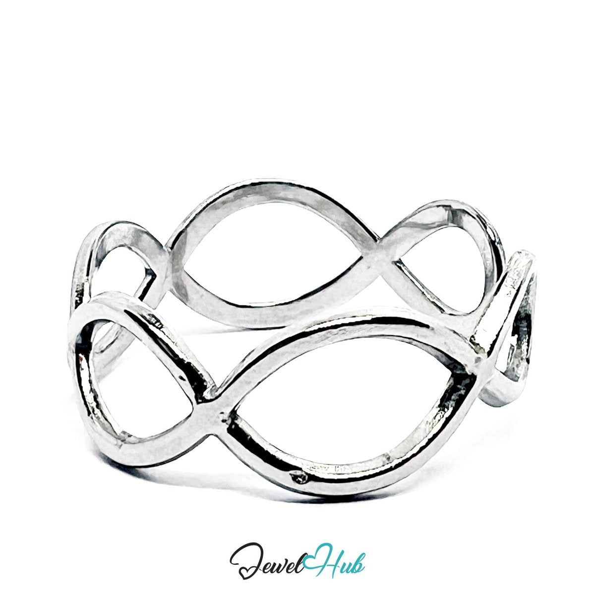 Stainless Steel Silver Infinity Loop Ring – Sculptural Open Band - JewelHub.co.uk