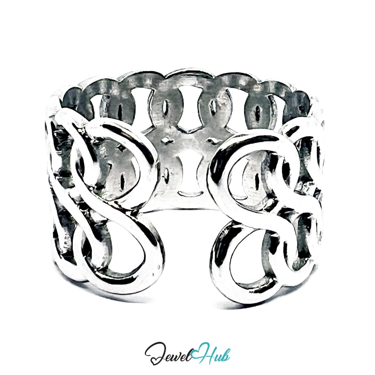 Stainless Steel Silver Interlinked Loop Ring – Sculptural Lattice Band - JewelHub.co.uk