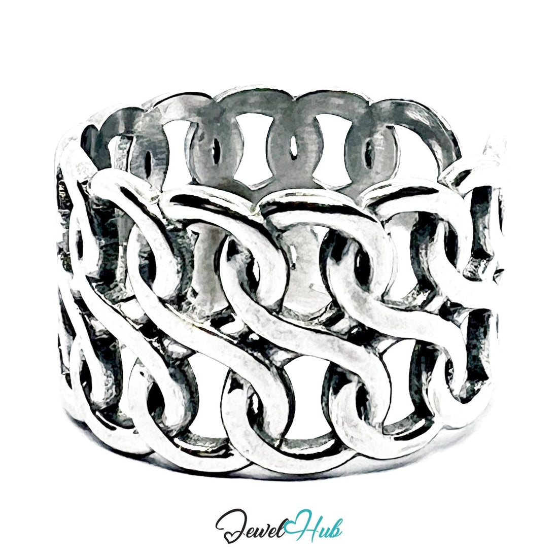 Stainless Steel Silver Interlinked Loop Ring – Sculptural Lattice Band - JewelHub.co.uk