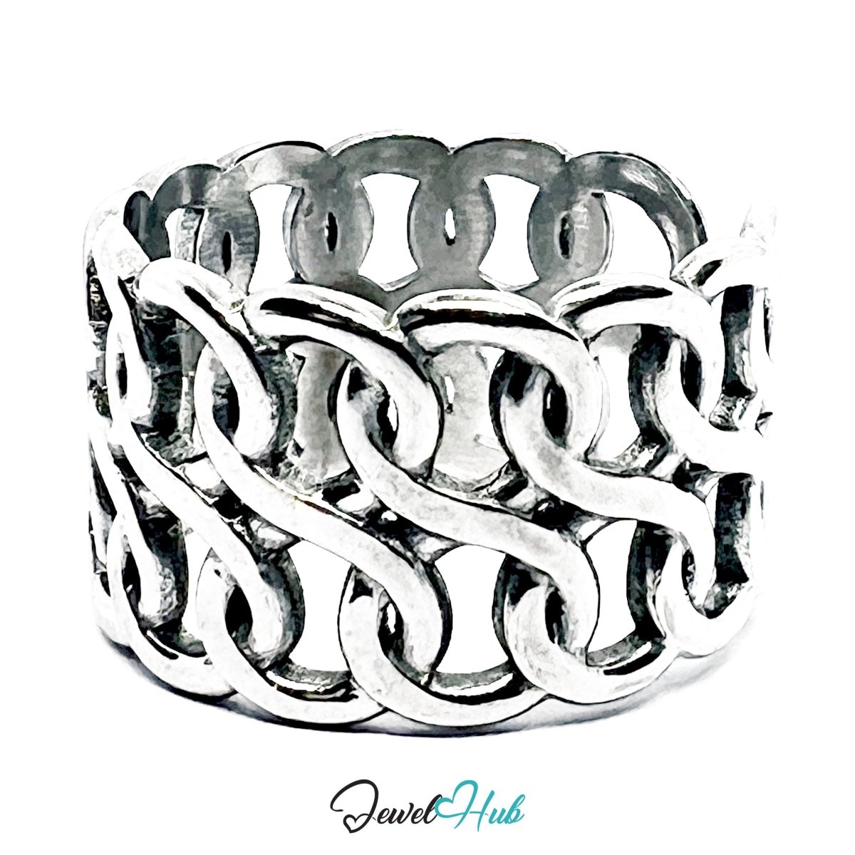 Stainless Steel Silver Interlinked Loop Ring – Sculptural Lattice Band - JewelHub.co.uk