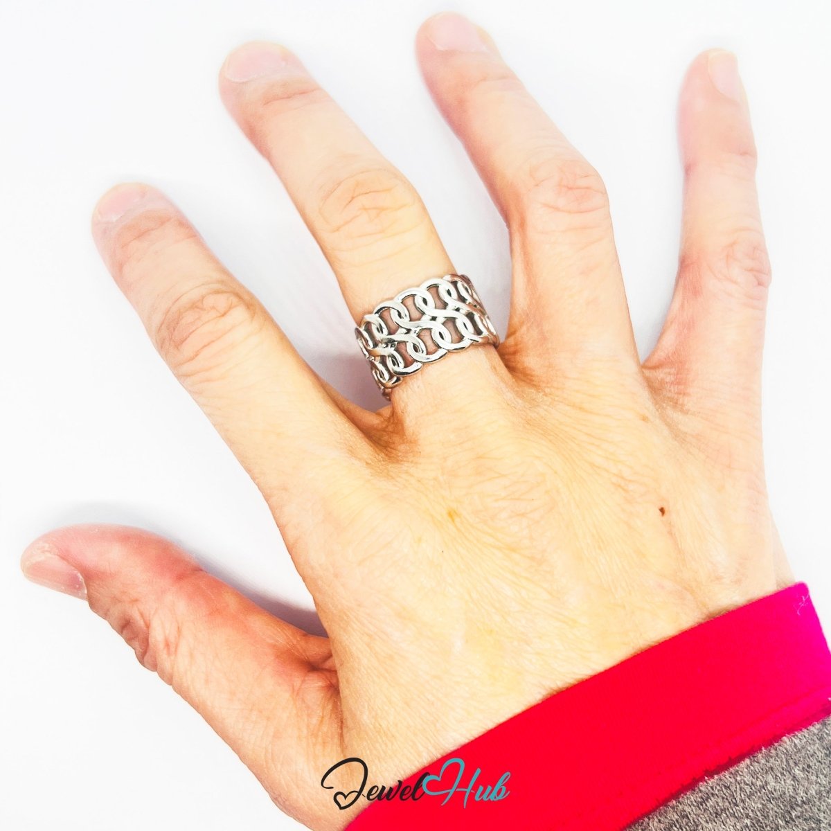Stainless Steel Silver Interlinked Loop Ring – Sculptural Lattice Band - JewelHub.co.uk
