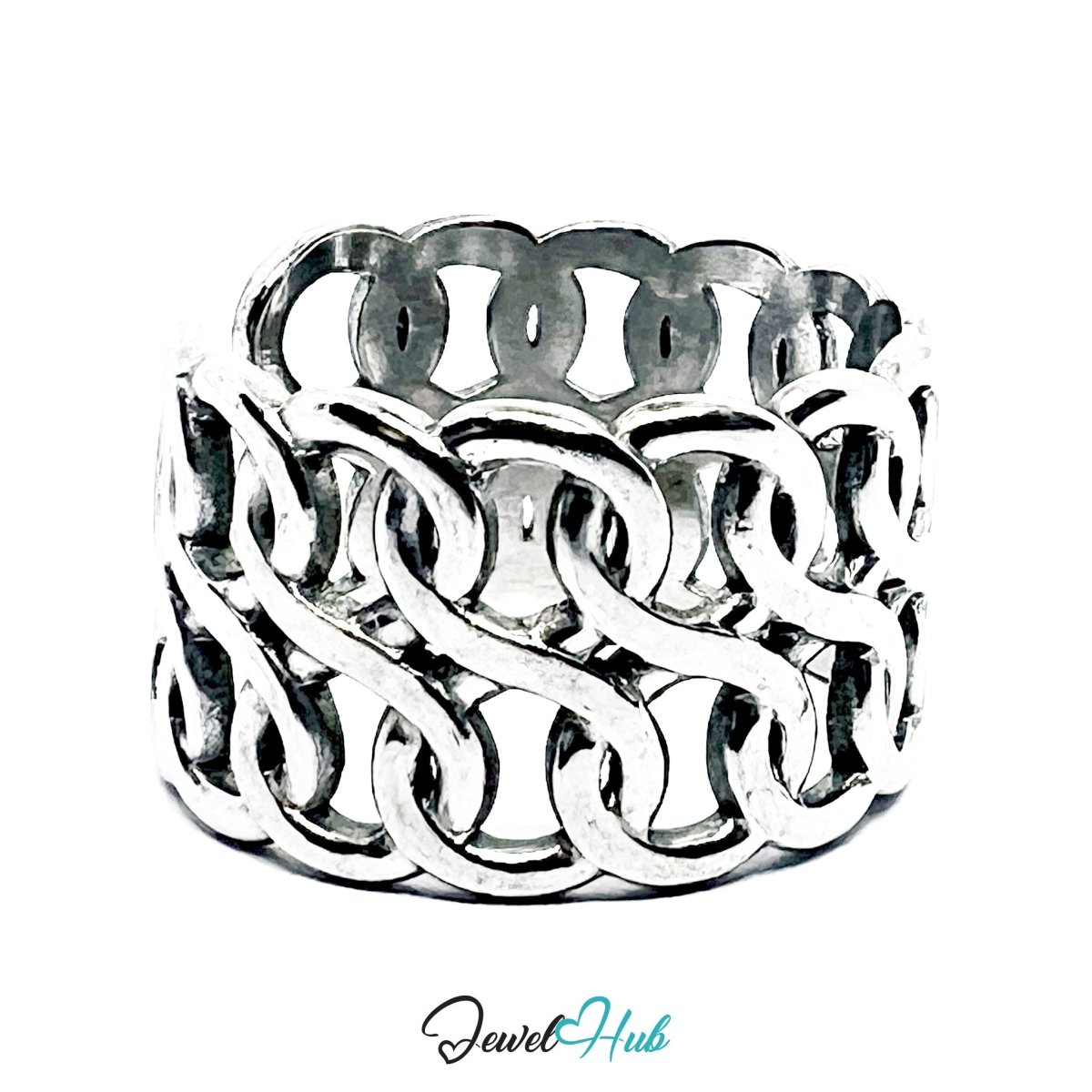 Stainless Steel Silver Interlinked Loop Ring – Sculptural Lattice Band - JewelHub.co.uk