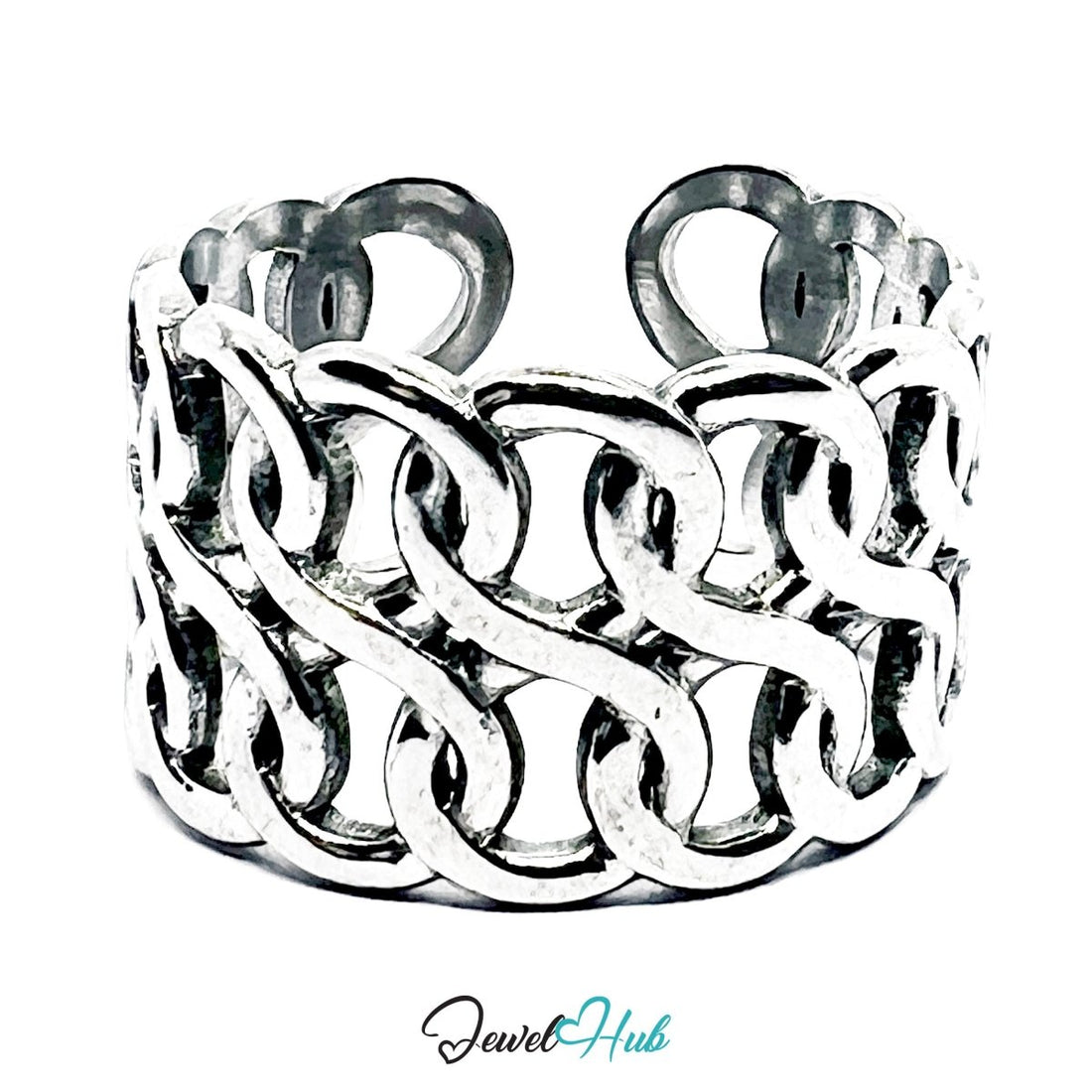 Stainless Steel Silver Interlinked Loop Ring – Sculptural Lattice Band - JewelHub.co.uk