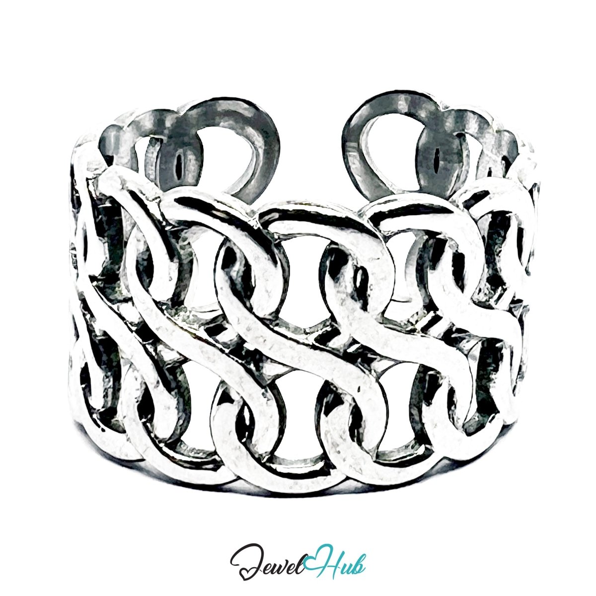 Stainless Steel Silver Interlinked Loop Ring – Sculptural Lattice Band - JewelHub.co.uk