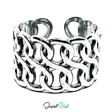 Stainless Steel Silver Interlinked Loop Ring – Sculptural Lattice Band - JewelHub.co.uk
