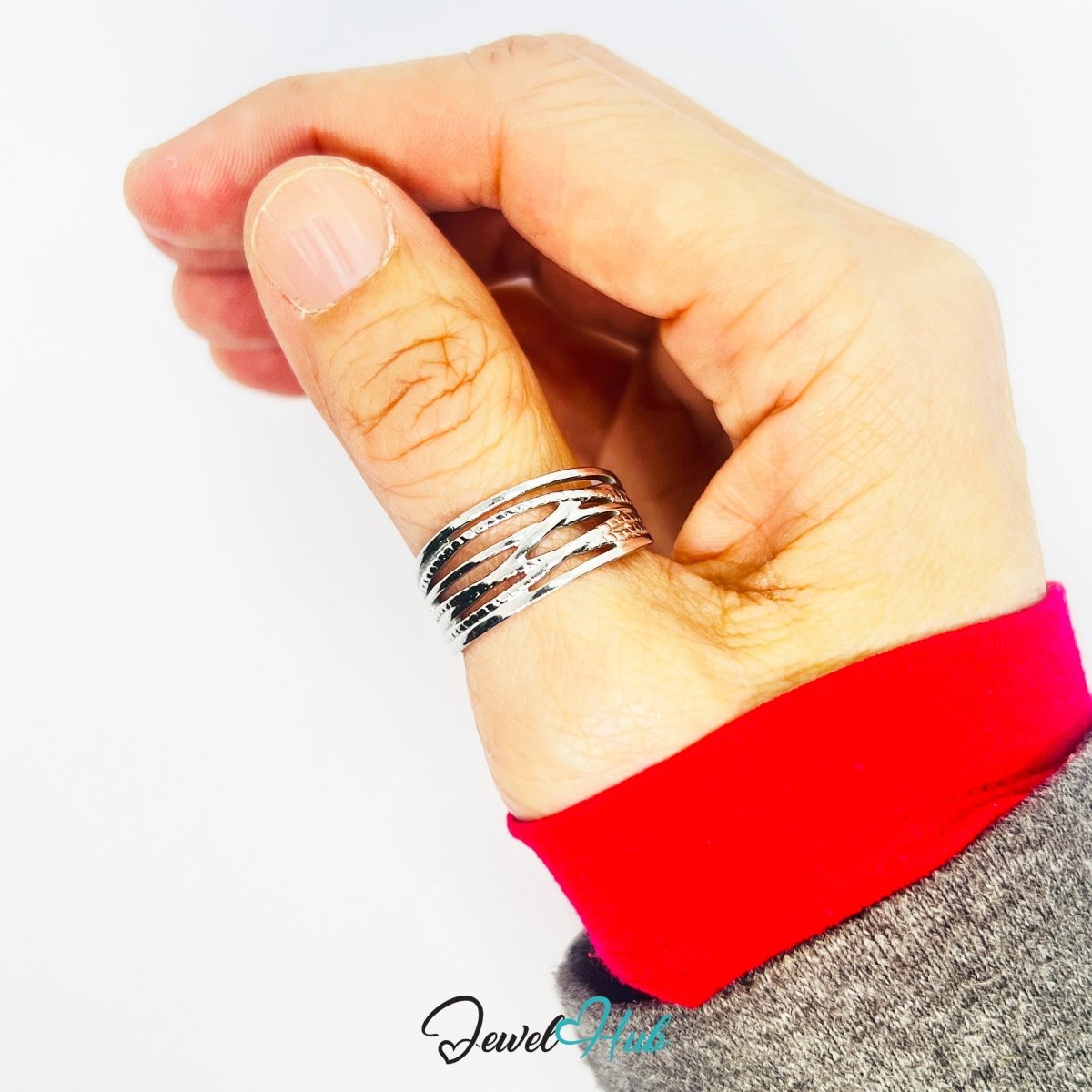 Stainless Steel Silver Interwoven Branch Ring – Sculptural Openwork Band - JewelHub.co.uk